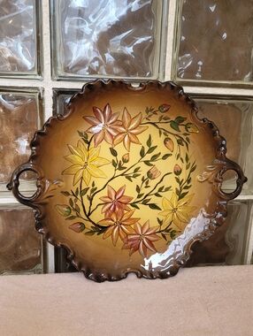 Vintage Hand Painted Floral Ceramic Serving Tray W Handles 16"